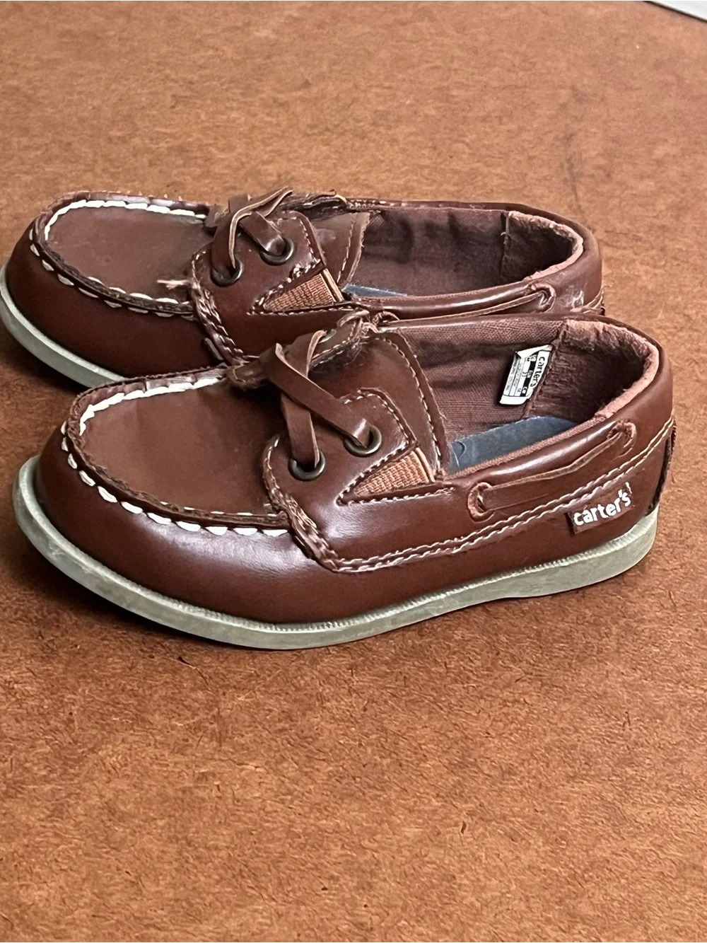 Carter's Toddler’s Brown Leather-Look Boys Moccasin Boat Shoes Size 7M EU23